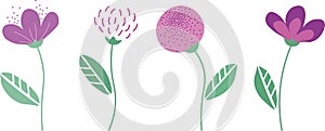 Vector set of purple flower elements isolated on white background. Mother's day diy. Flower graphic design. Spring flowers.